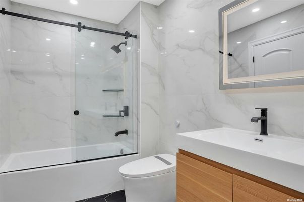 Bathroom, Glass Shower, Interior, Marble Walls, Recessed Lighting