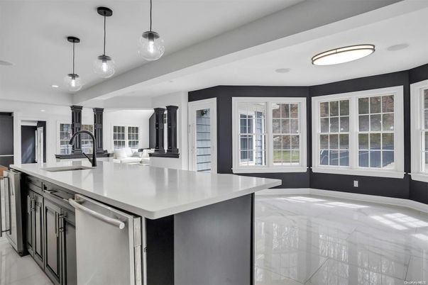 Interior, Kitchen, Marble, Pendant Lights, Recessed Lighting, Stainless Steel Appliances
