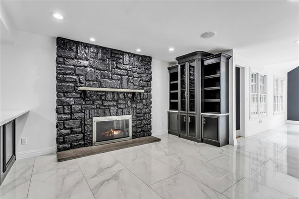 Fireplace, Interior, Marble, Recessed Lighting, Stone Walls