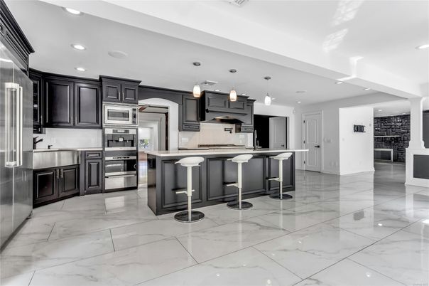 Interior, Kitchen, Marble, Pendant Lights, Recessed Lighting, Stainless Steel Appliances