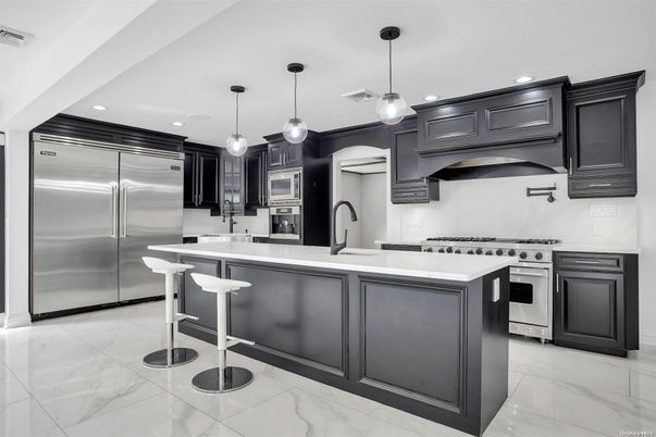 Interior, Kitchen, Marble, Pendant Lights, Recessed Lighting, Stainless Steel Appliances