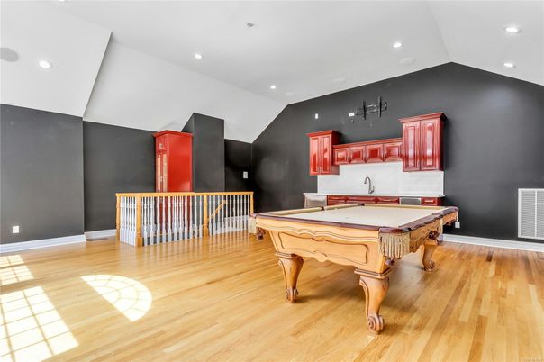 Billiard Table, Game Room, Interior, Recessed Lighting, Wood Texture Flooring
