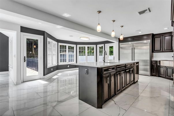 Interior, Kitchen, Marble, Pendant Lights, Recessed Lighting, Stainless Steel Appliances