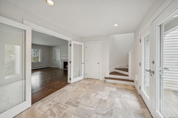 Empty room, Fireplace, Interior, Recessed Lighting, Wood Texture Flooring