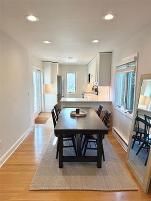 Dining room, Interior, Kitchen, Recessed Lighting, Wood Texture Flooring