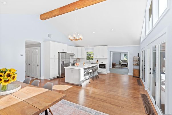 Dining room, Interior, Kitchen, Pendant Lights, Recessed Lighting, Stainless Steel Appliances, Wooden Beams, Wood Texture Flooring