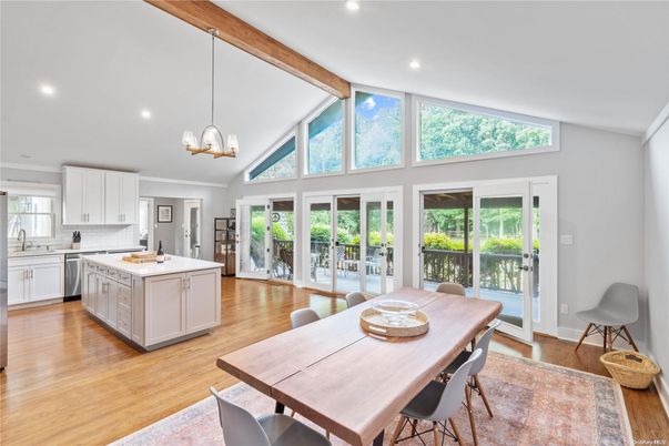 Dining room, Interior, Kitchen, Pendant Lights, Recessed Lighting, Wood Texture Flooring