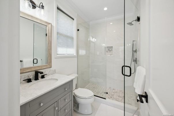 Bathroom, Glass Shower, Interior, Marble Walls, Recessed Lighting