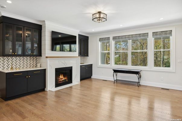 Fireplace, Interior, Recessed Lighting, Wood Texture Flooring