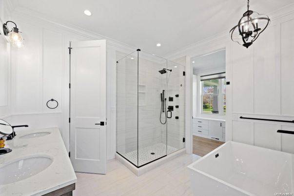 Bathroom, Dual Sink Vanities, Free Standing Baths, Glass Shower, Interior, Marble, Pendant Lights, Recessed Lighting
