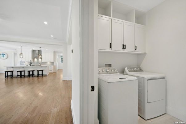 Interior, Kitchen, Pendant Lights, Recessed Lighting, Washer, Wood Texture Flooring