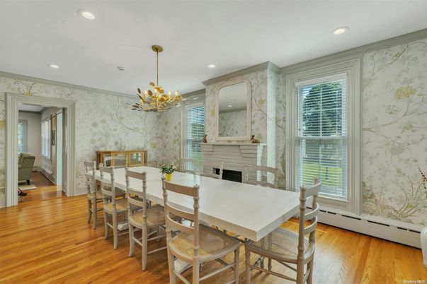 Chandelier, Dining room, Fireplace, Interior, Recessed Lighting, Wood Texture Flooring