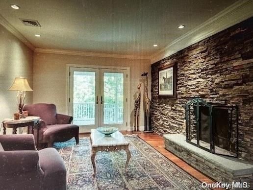 Fireplace, Interior, Living room, Recessed Lighting, Stone Walls, Wood Texture Flooring