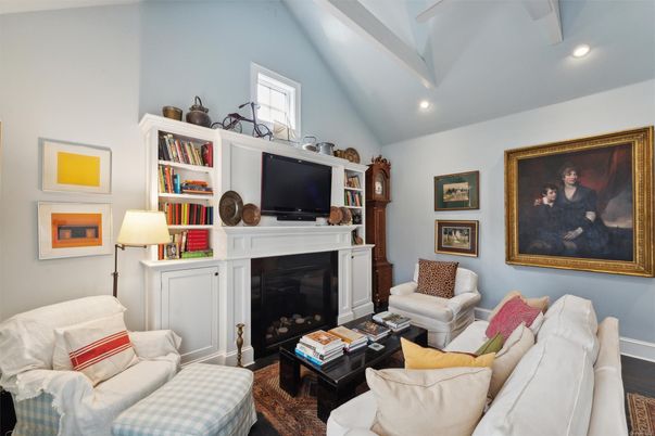 Fireplace, Interior, Living room, Recessed Lighting, Wood Texture Flooring