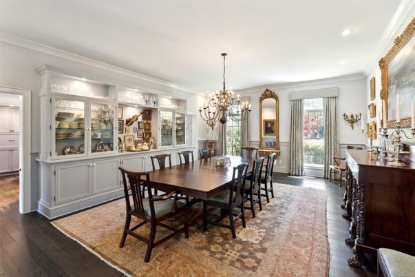 Chandelier, Dining room, Interior, Recessed Lighting, Wood Texture Flooring