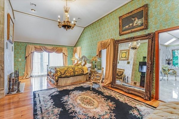 Bedroom, Chandelier, Interior, Recessed Lighting, Wood Texture Flooring