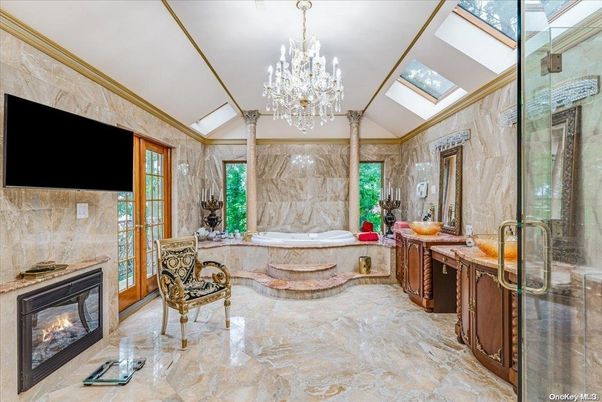 Bathroom, Chandelier, Fireplace, Glass Shower, Interior