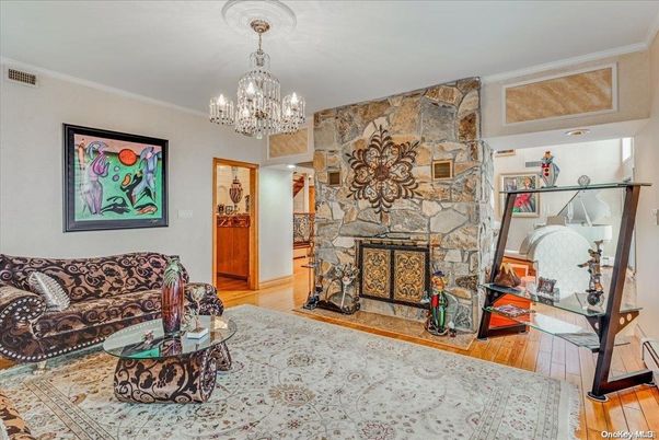 Chandelier, Fireplace, Interior, Stone Walls, Wood Texture Flooring