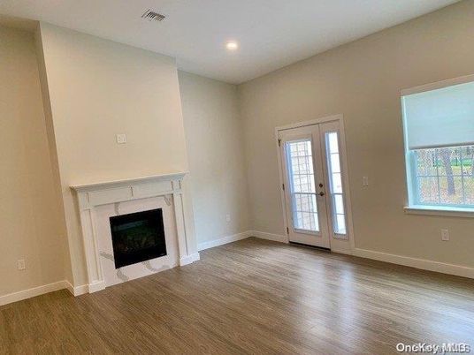 Empty room, Fireplace, Interior, Recessed Lighting, Wood Texture Flooring