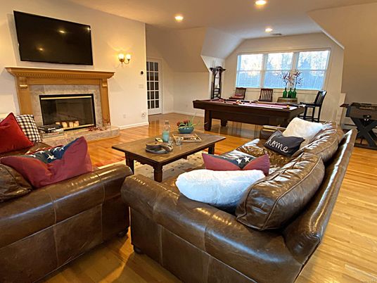 Billiard Table, Fireplace, Game Room, Interior, Living room, Recessed Lighting, Wood Texture Flooring