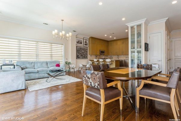 Chandelier, Dining room, Interior, Kitchen, Living room, Pendant Lights, Recessed Lighting, Wood Texture Flooring