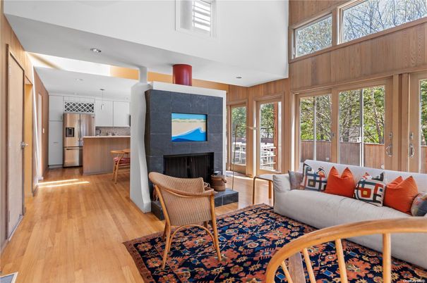 Fireplace, Interior, Kitchen, Living room, Recessed Lighting, Wood Texture Flooring