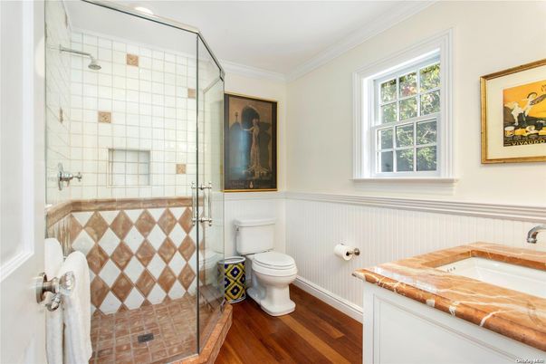 Bathroom, Glass Shower, Interior, Tile Countertops, Wood Texture Flooring