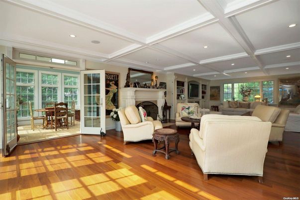 Dining room, Fireplace, Interior, Living room, Recessed Lighting, Wood Texture Flooring