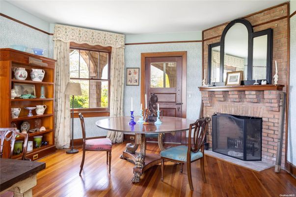 Dining room, Fireplace, Interior, Stone Walls, Wood Texture Flooring