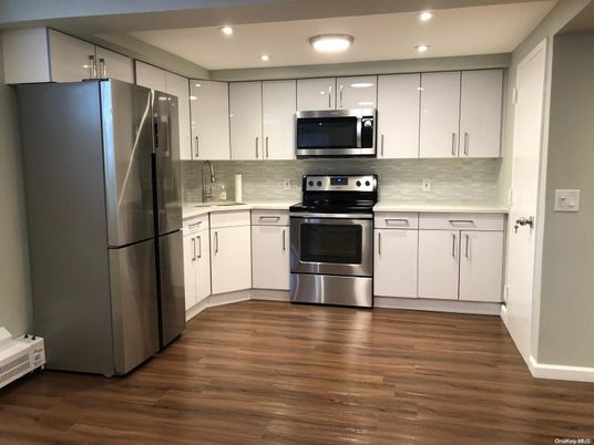 Interior, Kitchen, Recessed Lighting, Stainless Steel Appliances, Wood Texture Flooring