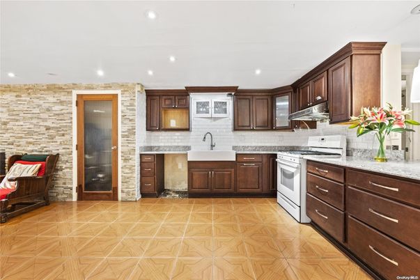 Interior, Kitchen, Recessed Lighting, Stone Walls, Wood Texture Flooring