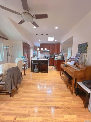 Interior, Kitchen, Pendant Lights, Piano, Recessed Lighting, Stainless Steel Appliances, Wood Texture Flooring