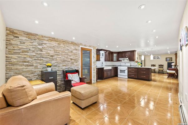 Fireplace, Interior, Kitchen, Living room, Pendant Lights, Recessed Lighting, Stainless Steel Appliances, Stone Walls