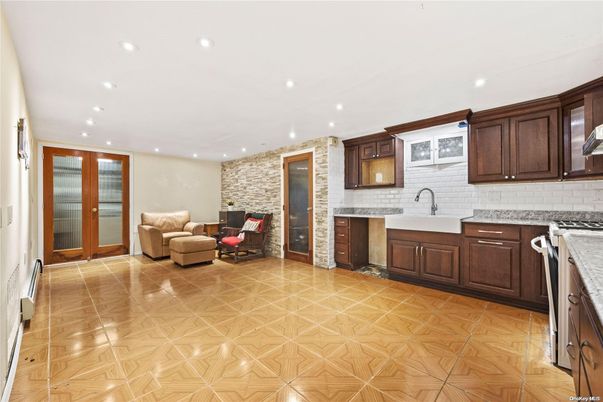 Fireplace, Interior, Kitchen, Recessed Lighting, Stone Walls, Wood Texture Flooring