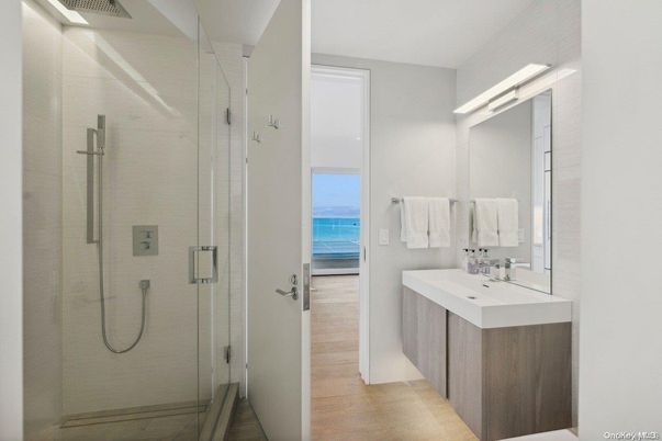 Bathroom, Glass Shower, Interior, Wood Texture Flooring