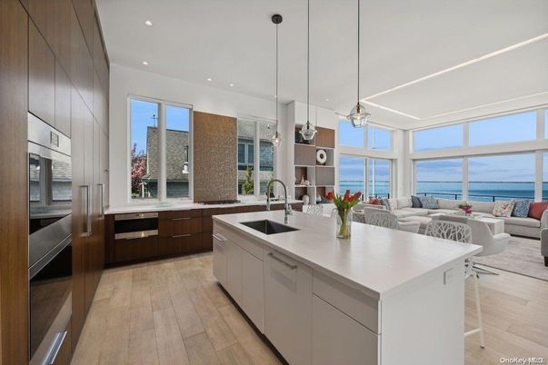 Interior, Kitchen, Living room, Pendant Lights, Recessed Lighting, Stainless Steel Appliances, Water, Wood Texture Flooring