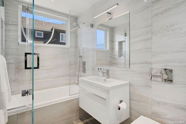 Bathroom, Glass Shower, Interior, Recessed Lighting, Wood Texture Flooring