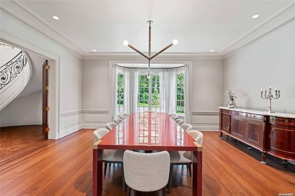 Dining room, Interior, Pendant Lights, Recessed Lighting, Wood Texture Flooring