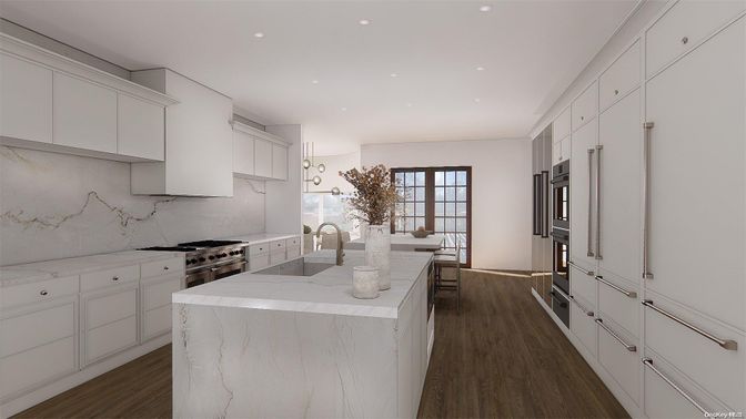 Interior, Kitchen, Marble Walls, Recessed Lighting, Stainless Steel Appliances, Wood Texture Flooring