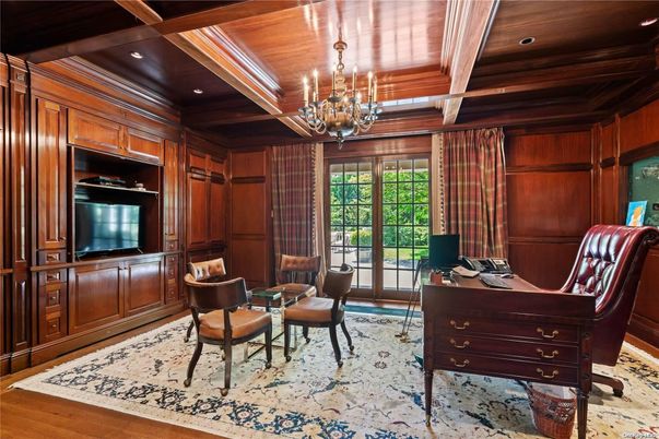 Chandelier, Home Office, Interior, Recessed Lighting, Wooden Beams, Wooden Ceilings, Wood Texture Flooring, Wooden Walls