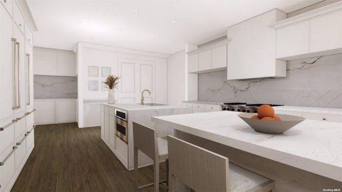 Interior, Kitchen, Marble Walls, Recessed Lighting, Wood Texture Flooring
