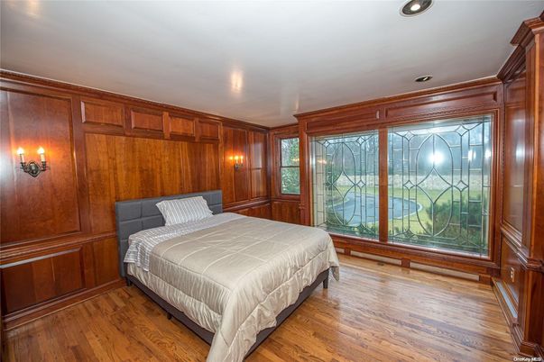 Bedroom, Interior, Recessed Lighting, Wood Texture Flooring, Wooden Walls