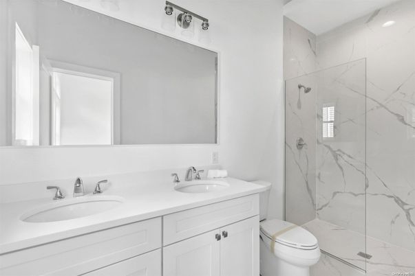 Bathroom, Dual Sink Vanities, Glass Shower, Interior, Marble Walls