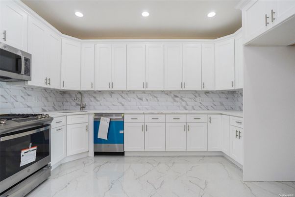 Interior, Kitchen, Marble, Marble Walls, Recessed Lighting, Stainless Steel Appliances