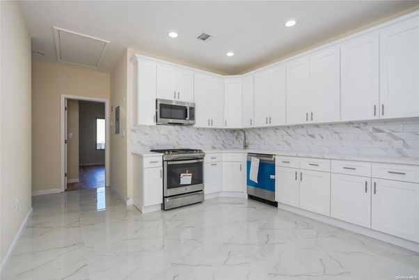Interior, Kitchen, Marble, Recessed Lighting, Stainless Steel Appliances
