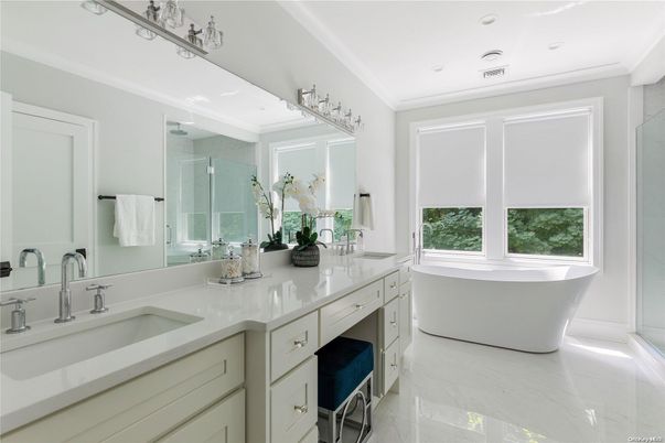 Bathroom, Dual Sink Vanities, Free Standing Baths, Glass Shower, Interior, Marble, Recessed Lighting