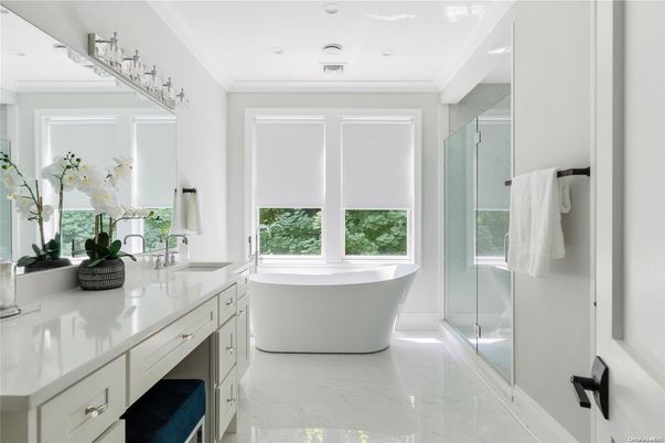 Bathroom, Dual Sink Vanities, Free Standing Baths, Glass Shower, Interior, Marble, Recessed Lighting