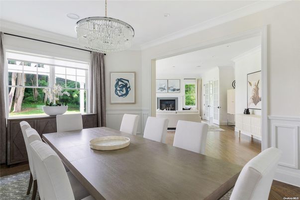 Chandelier, Dining room, Fireplace, Interior, Recessed Lighting, Wood Texture Flooring
