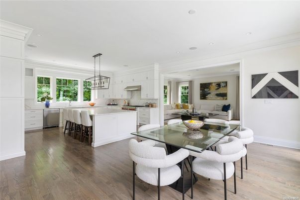 Dining room, Interior, Kitchen, Pendant Lights, Recessed Lighting, Wood Texture Flooring
