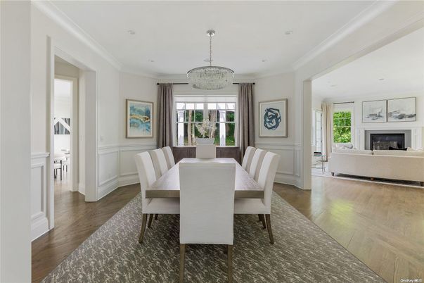 Chandelier, Dining room, Fireplace, Interior, Recessed Lighting, Wood Texture Flooring